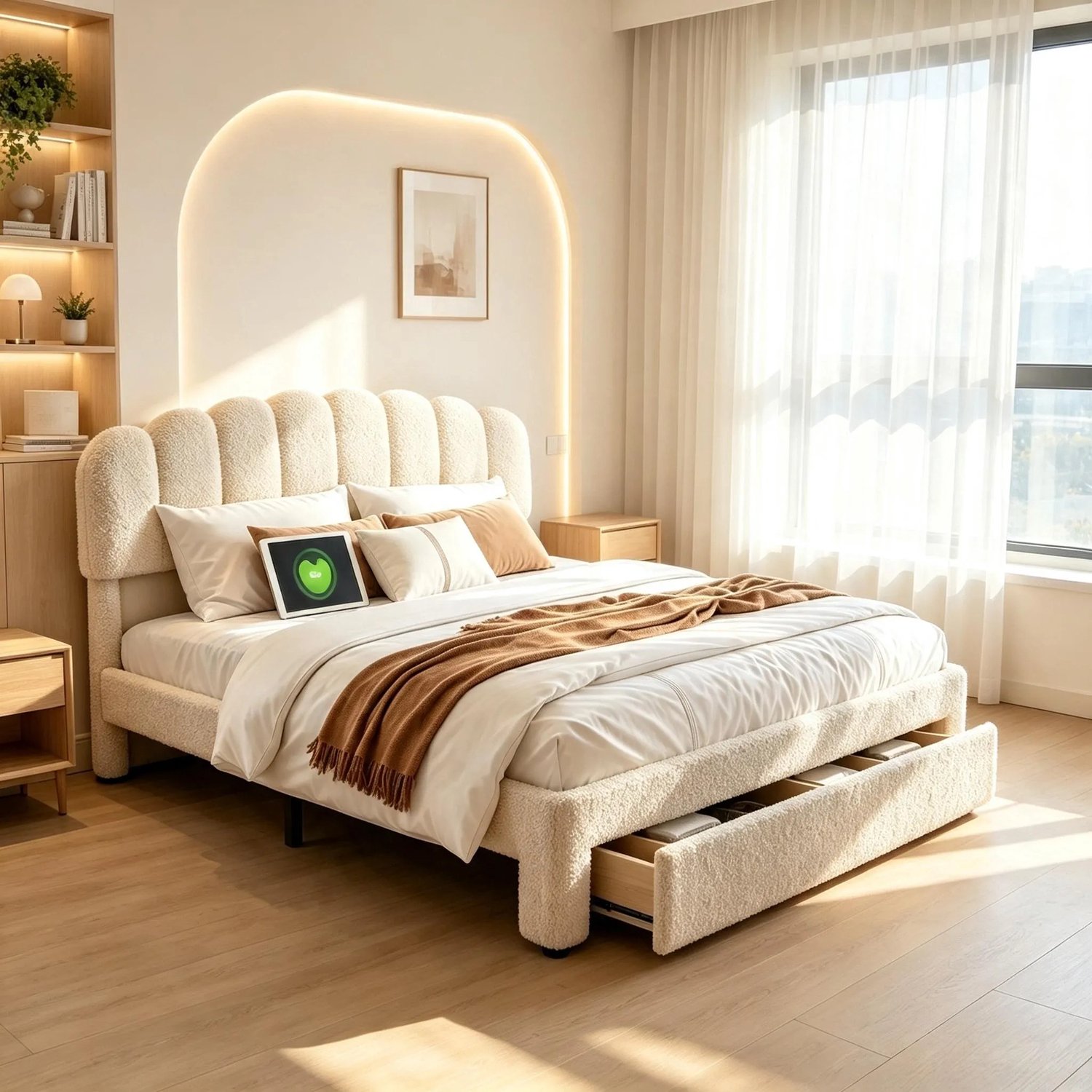 MEXUS Gestoffeerd bed 160x200 cm met USB-oplaadpoorten, Tweepersoonsbed met opbergruimte en lattenbodem,Opbergbed met laden,teddy-fluweel, zonder matras,Beige