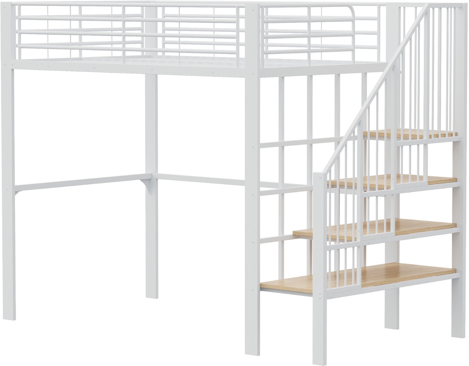 MUVANO Hoogslaper 140 x 200 cm - hoogslaper met opbergruimte - metalen hoogslaper met trap - 24 latten - voor kinderen en volwassenen - wit