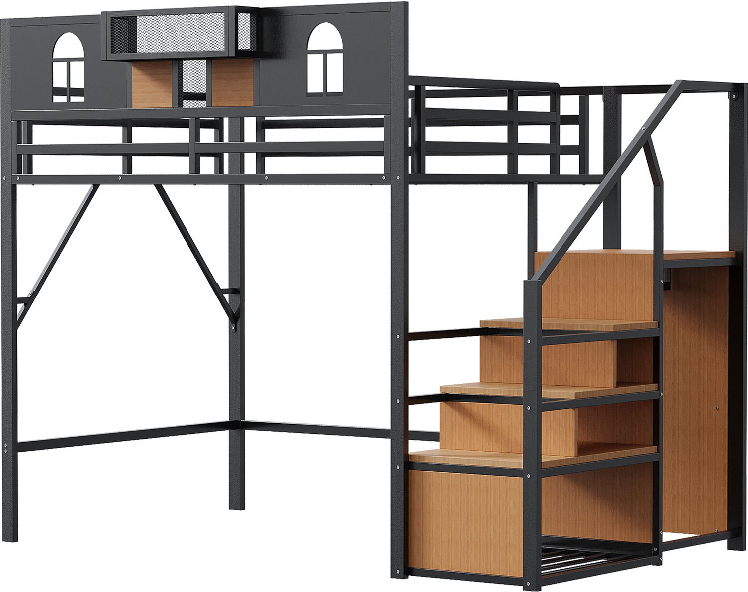 MUVANO Metalen hoogslaper 140x200 cm - zwarte hoogslaper met veiligheidsreling - opbergladder - MDF-panelen en netgaas - voor kleine slaapkamers