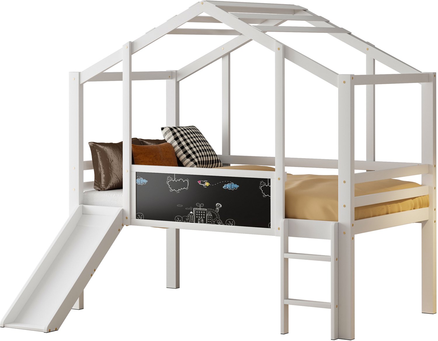MUVANO Kinderhoogslaper 90x200 met glijbaan - wit massief houten huisbed met dak, ladder, krijtbord en uitvalbeveiliging voor de kinderkamer