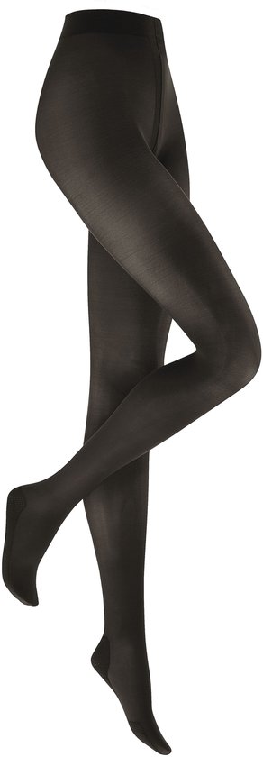 Ondoorzichtige zwarte panty met een gelijkmatige textuur en versterkte hiel- en teengedeeltes.
