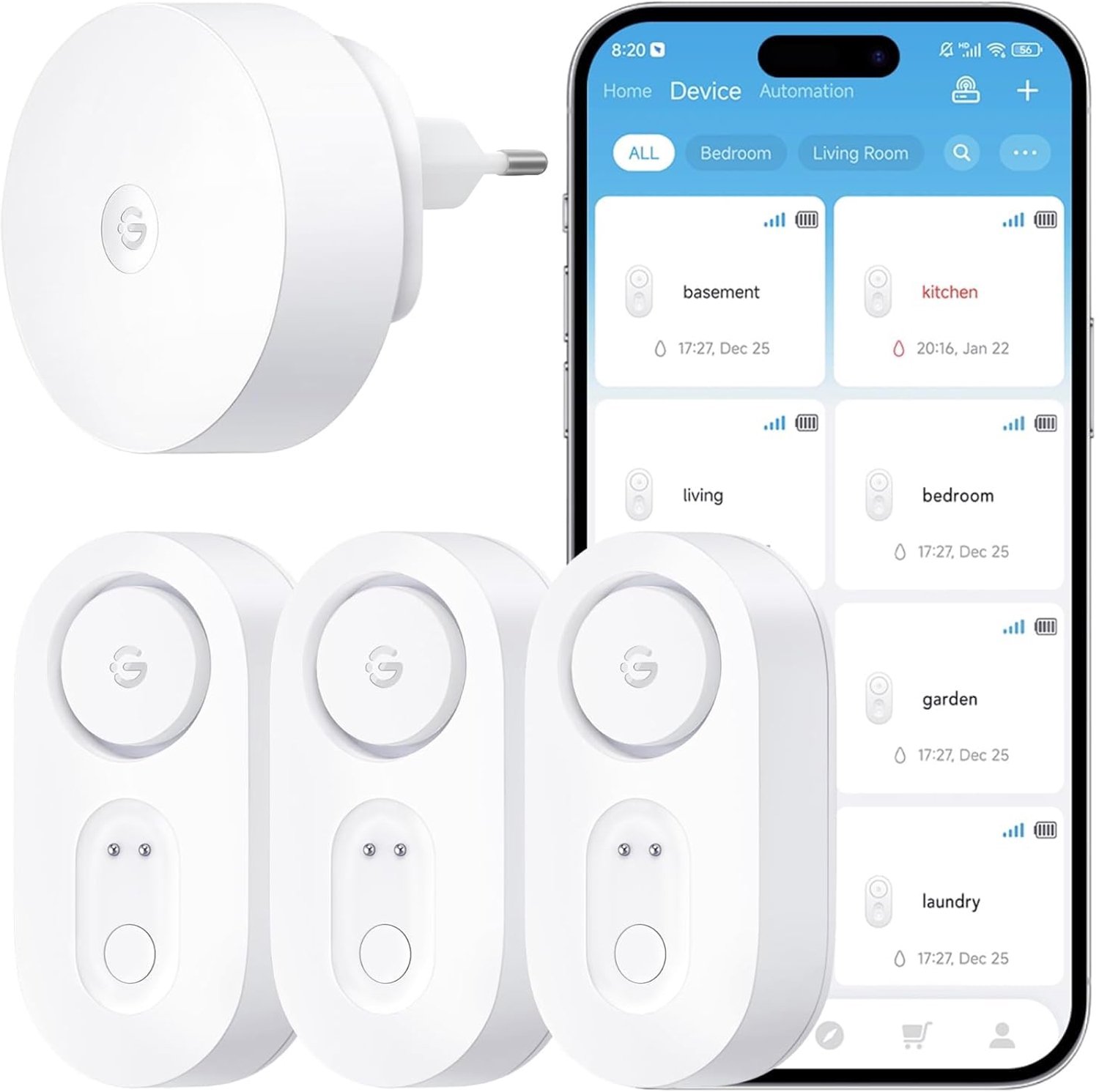 Slimme Waterdetectie Sensor met Hoog Alarm - Set van 3