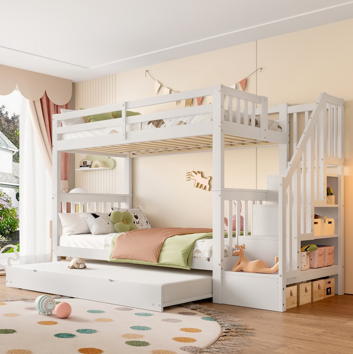 HAUSS SPOLE Stapelbed 90 x 200 cm - Kinderbed met Uittrekbaar Bed en Opbergtrap - Hoge Uitvalbeveiliging - Zonder matras - Hout en MDF - Wit