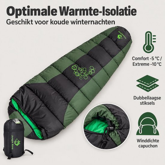 Winterslaapzak -5°C Comfort, Mummyslaapzak met Capuchon – Waterafstotende Camping Slaapzak voor Kamperen, Wandelen en Reizen – 220 x 80 x 50 cm, 1,85 kg, Groen/Zwart — afbeelding 3
