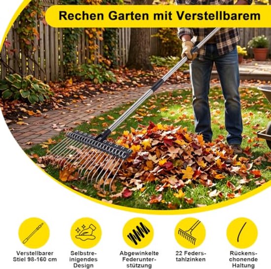 Verstelbare Tuinhark met 22 Roestvrijstalen Tanden - Zwart/Zilver — afbeelding 2