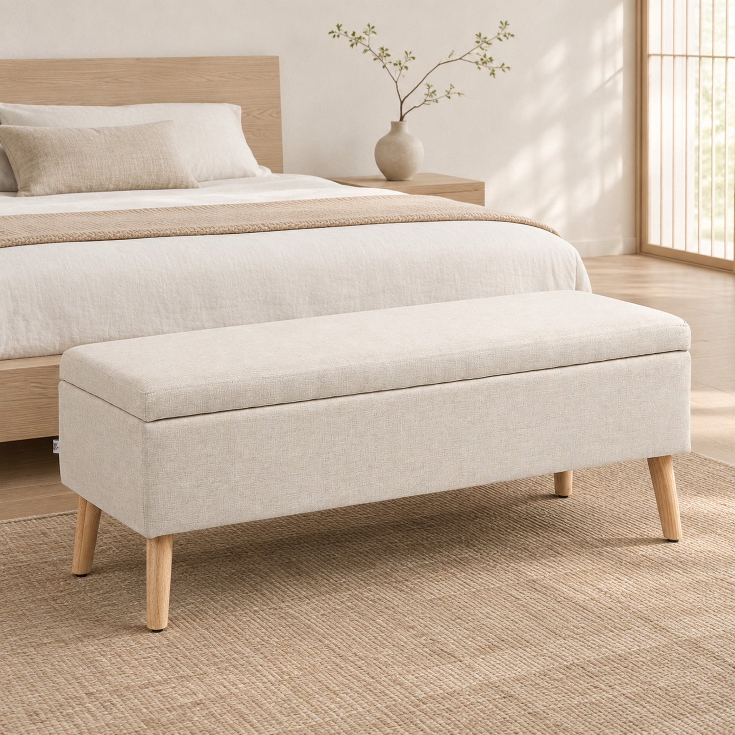 HAUSS SPOLE Opbergbank - Zitbank met Opklapbare Zitting en Opbergruimte - Voor Hal en Slaapkamer - Polyester en Hout - Beige - 110 x 39 x 45 cm