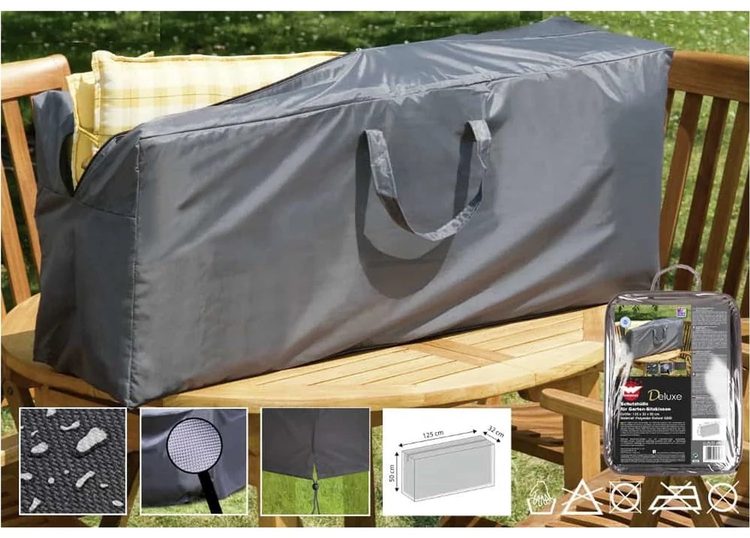 Boni-Shop® Waterdichte deluxe beschermhoes voor tuinkussens 125 x 32 x 50 cm Grijs