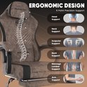 Ergonomische bruine gamingstoel met diagrammen die de ondersteuning voor nek, rug en lendenen tonen.