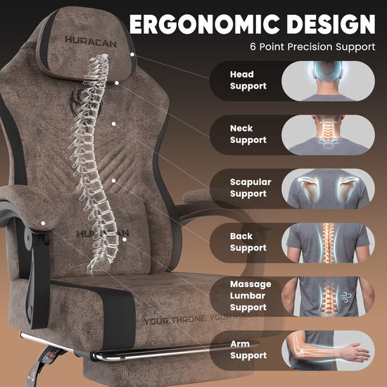 Ergonomische bruine gamingstoel met diagrammen die de ondersteuning voor nek, rug en lendenen tonen.