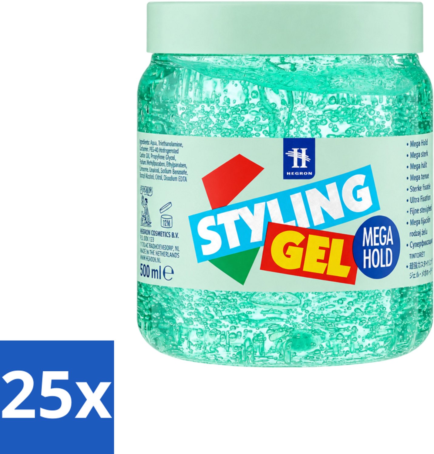 25 x Hegron - Styling Gel - Megahold - Sterke Fixatie - 500 ml - Voordeelverpakking - 25 stuks