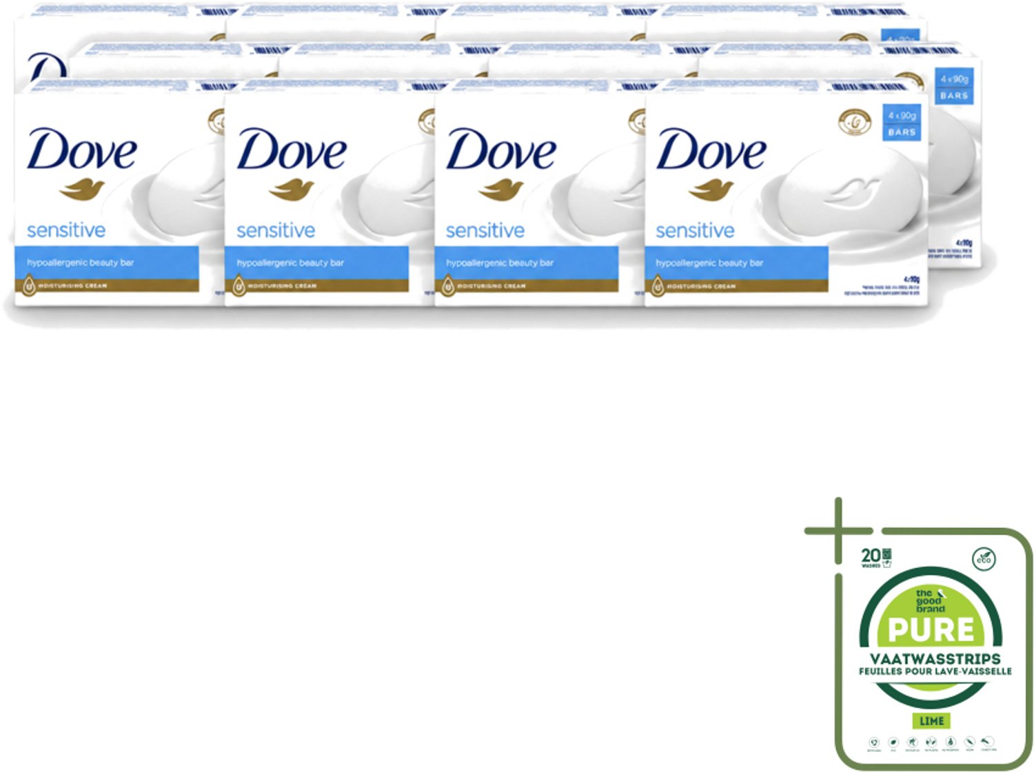 12 x Dove Zeep - Sensitive 4 x 90 gr. - Grootverpakking - Vaatwasstrips - Gevoelige Huid - Zachte Reiniging - Uitdroging Voorkomen - Huid Irritatie - Handen Reinigen