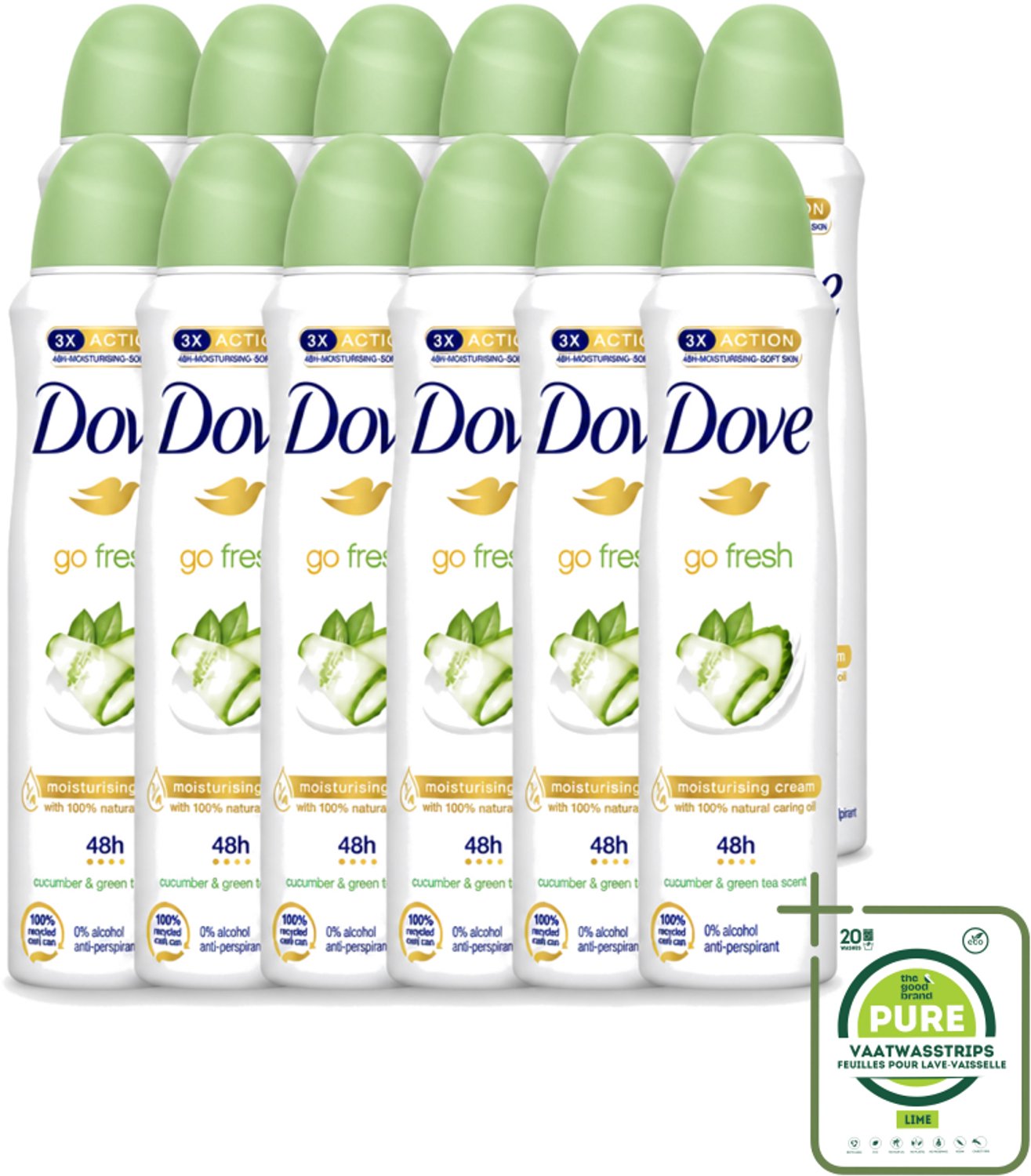 12 x Dove - Deodorant - Go Fresh Cucumber & Green Tea - Frisse en kalmerende geur - 150 ml - Grootverpakking - Vaatwasstrips - Cucumber & Green Tea Deodorant Spray - Frisheid - Zweetvermindering - Geur - Huidverzorging