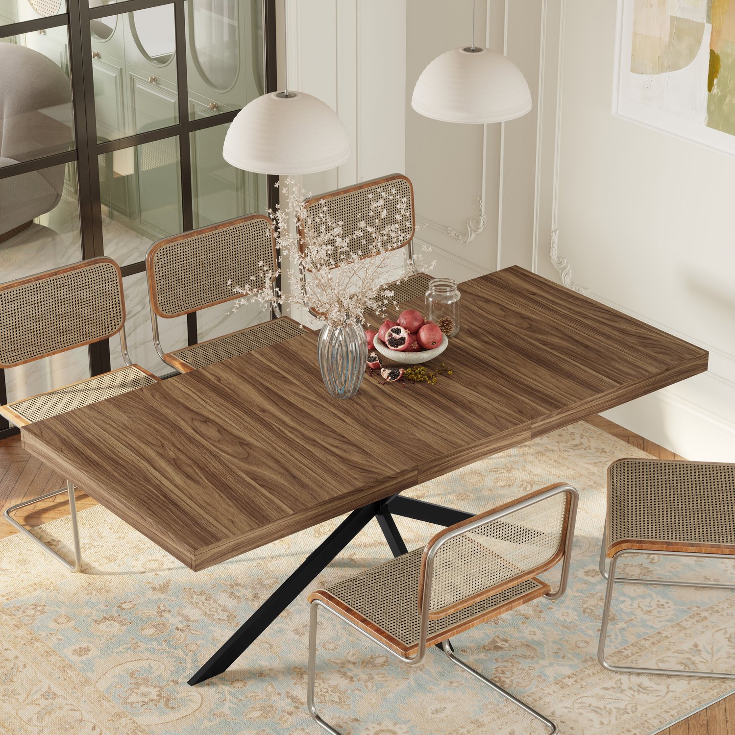 Wishdor Uitschuifbare eettafel - Rechthoekig voor 4 tot 6 personen - Verborgen opbergruimte en metalen X-poot - Retro en industrieel - Eetkamer keuken woonkamer - MDF - Walnootkleur - 140-180 x 80 x 76 cm