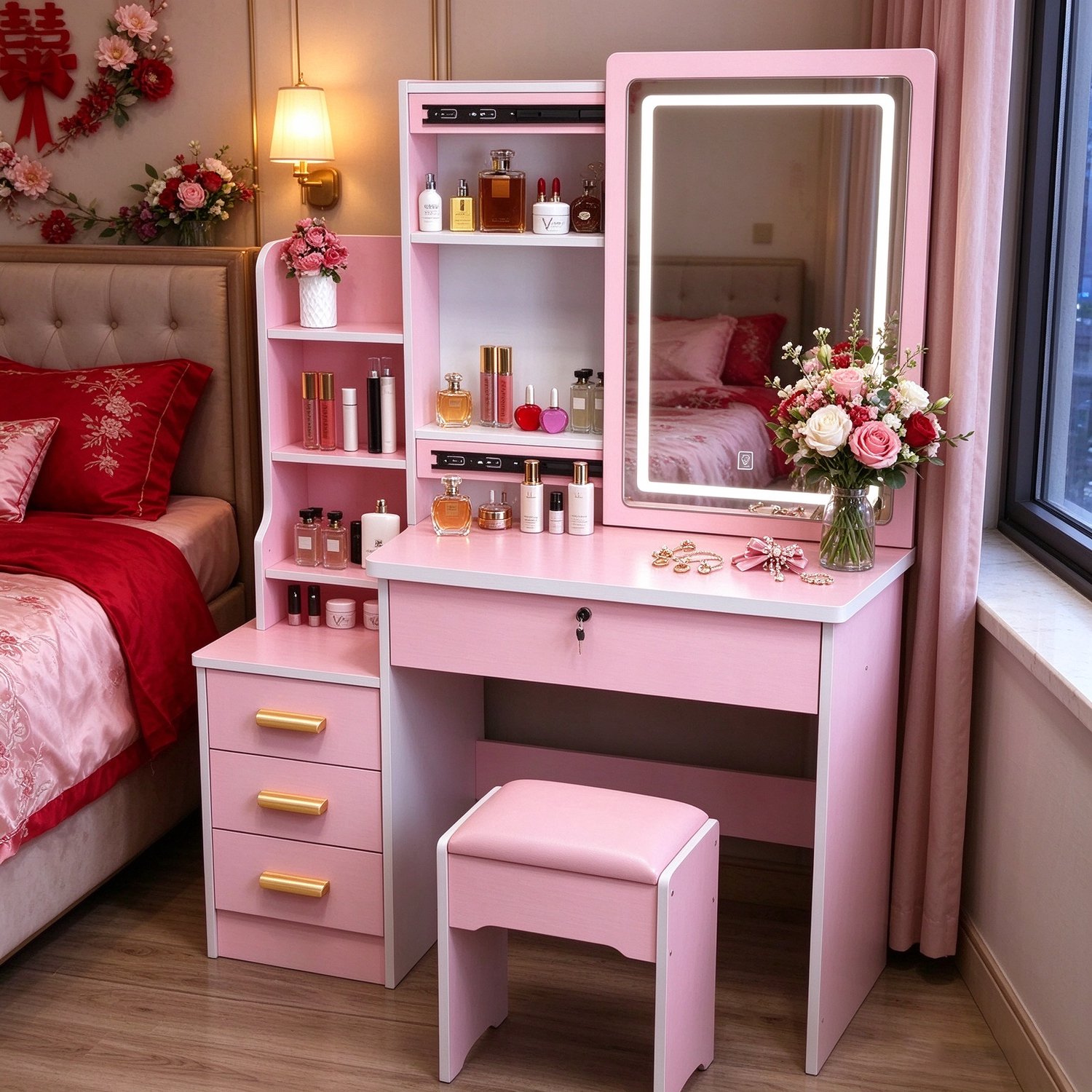 learnlogic Multifunctionele roze kaptafel met LED-verlichte spiegel open vakken laden en horizontale kruk voor de slaapkamer Afmetingen 80*36*125 cm