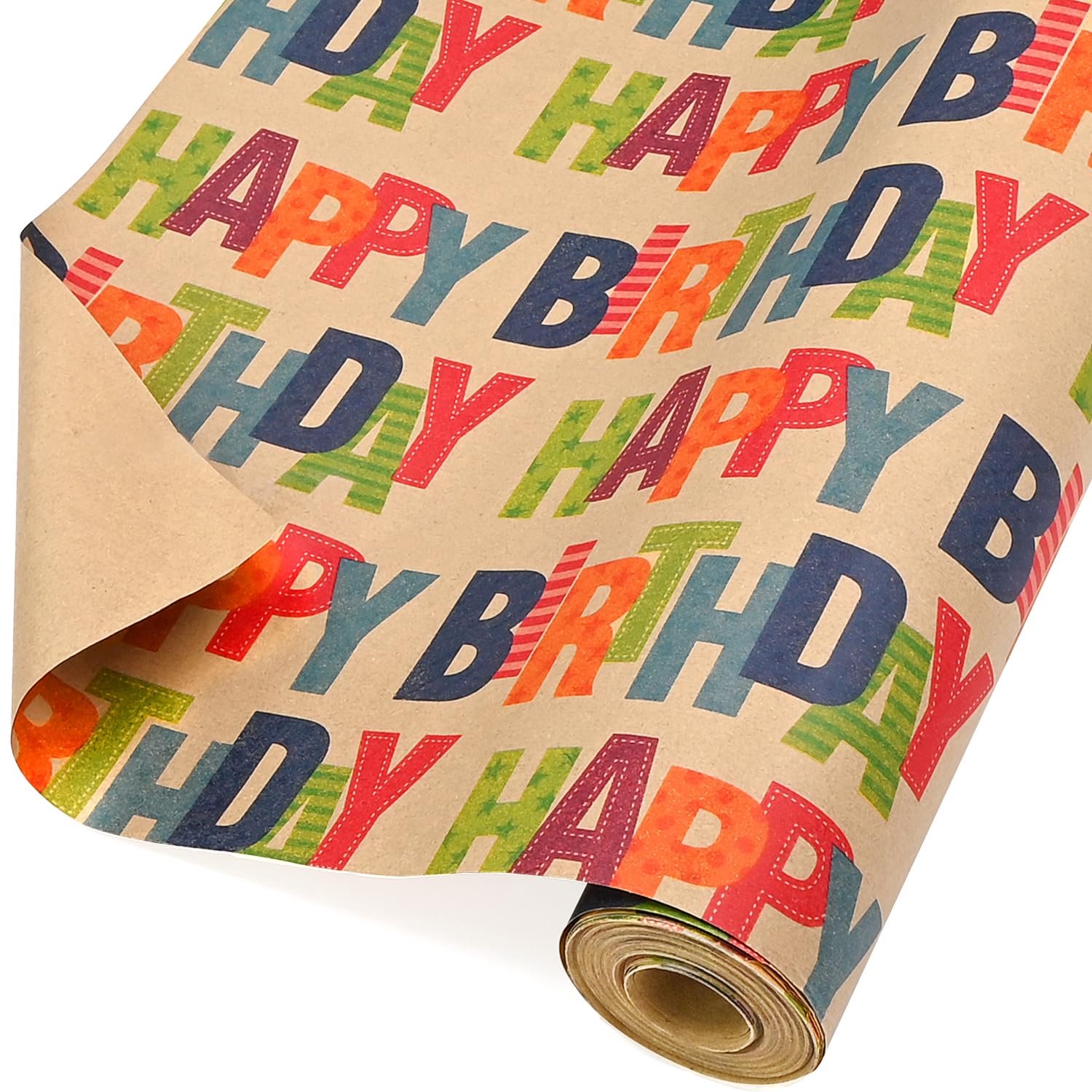Gekleurd Kraft Inpakpapier met Happy Birthday Letters 12 m x 43 cm