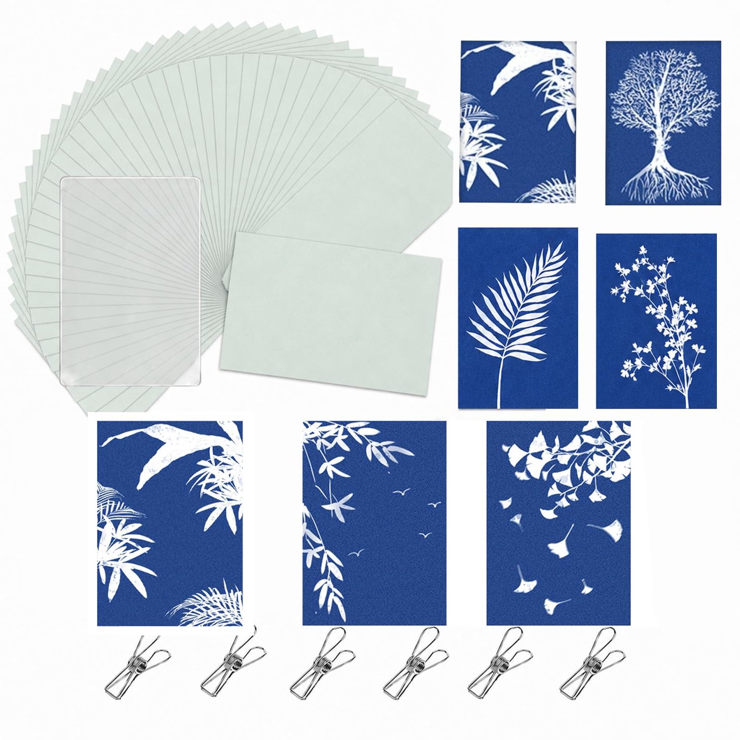 Cyanotype Kit met 32 A4 Cyanotype Papier en Clips voor Natuurlijke Afdrukken