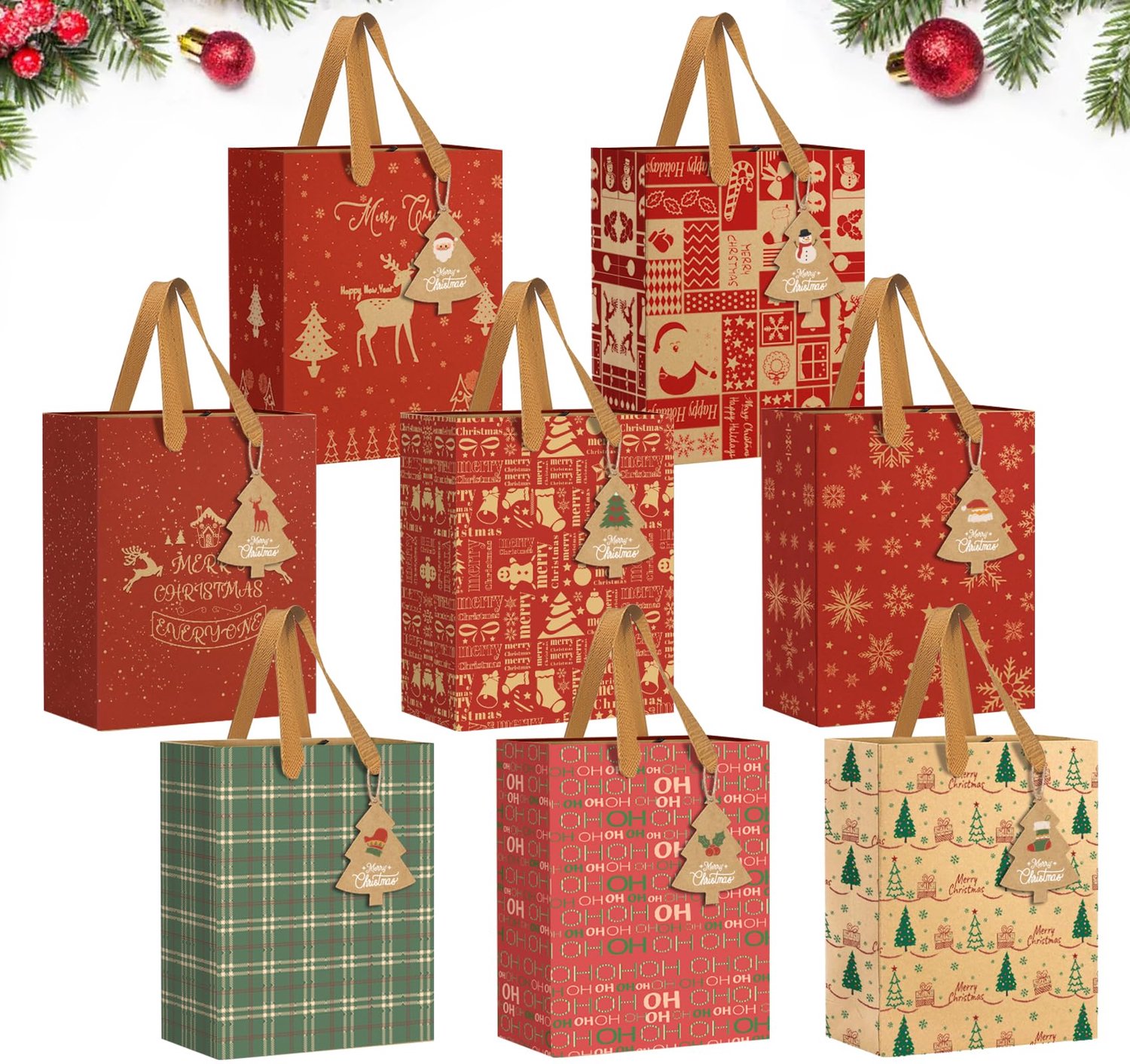 24 Stuks Kerst Kraft Cadeautassen met Handvatten in 8 Ontwerpen