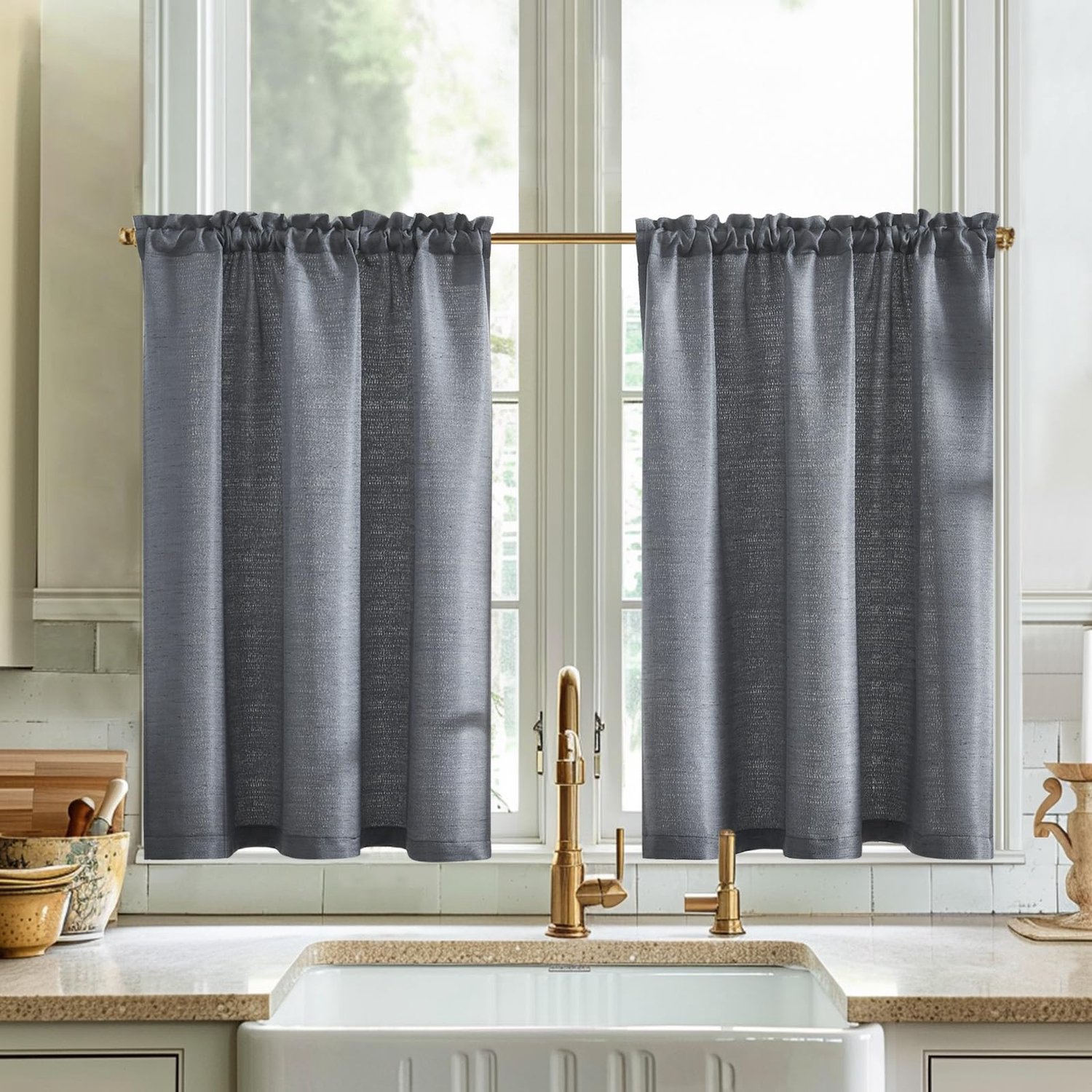Moderne Bistro Gordijnen Linnenlook - Grijs 90x115 cm (2 stuks)