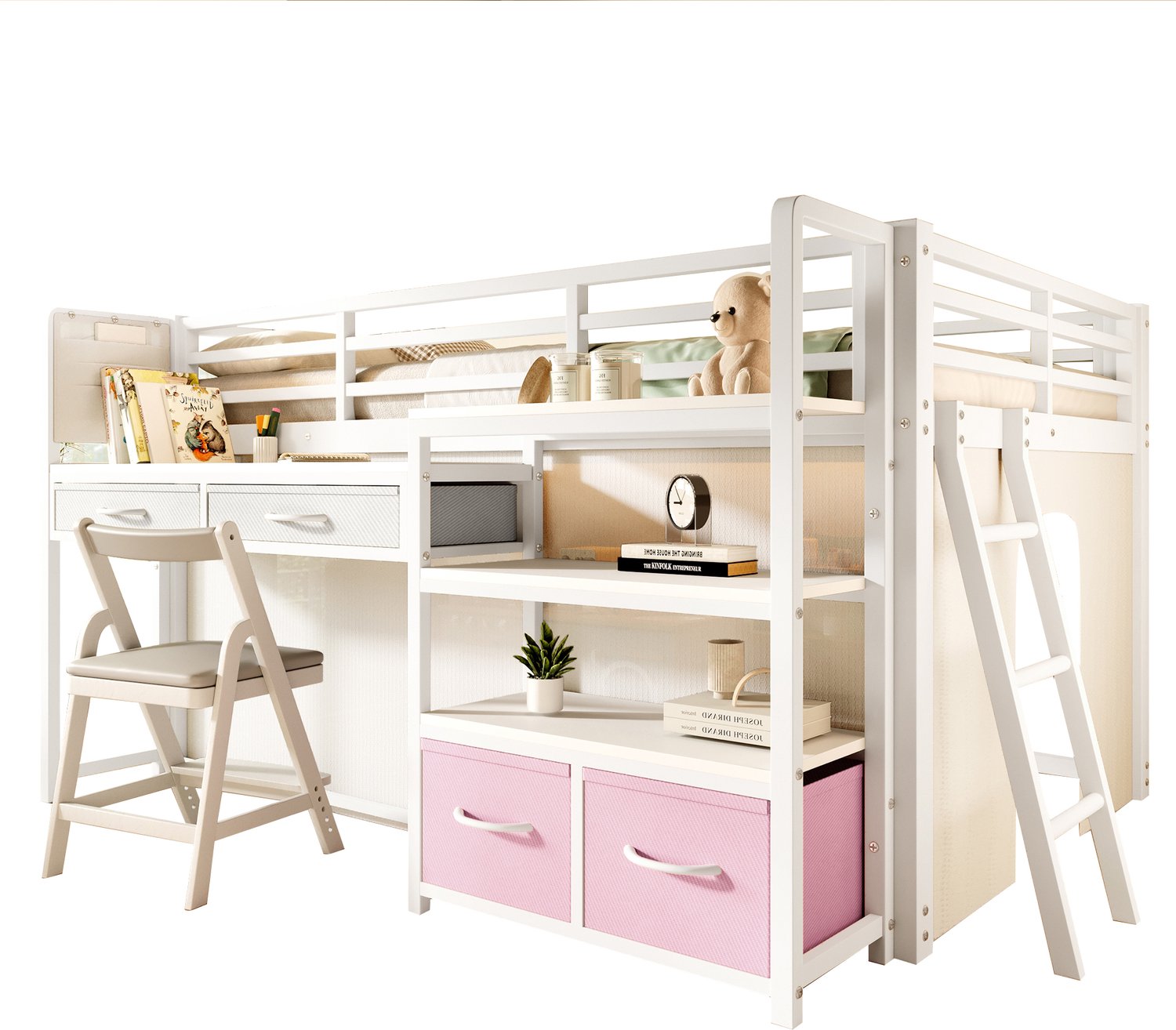 REDOM Hoogslaper 140x200 cm - Met bureau, opbergruimte en LED-verlichting - Wit