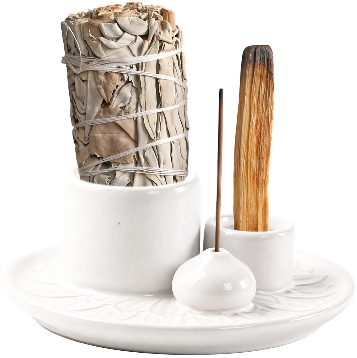Witte Wierookbrander Keramiek met Lotuspatroon