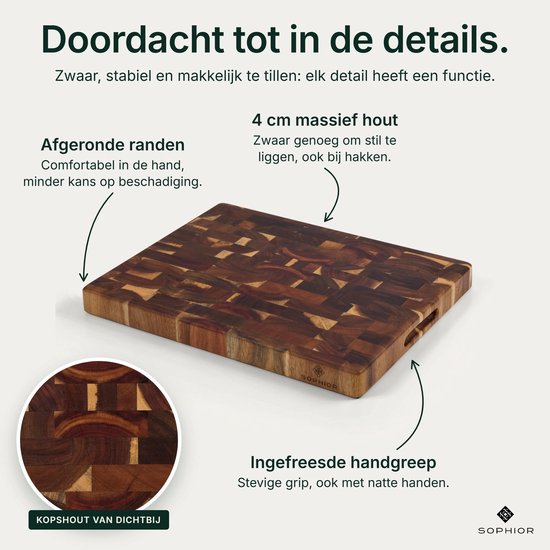 SOPHIOR Houten Snijplank Acacia Kopshout - Hakblok 45x35x4 cm - Met Handvaten — cadeau in Kookcadeaus - foto 2
