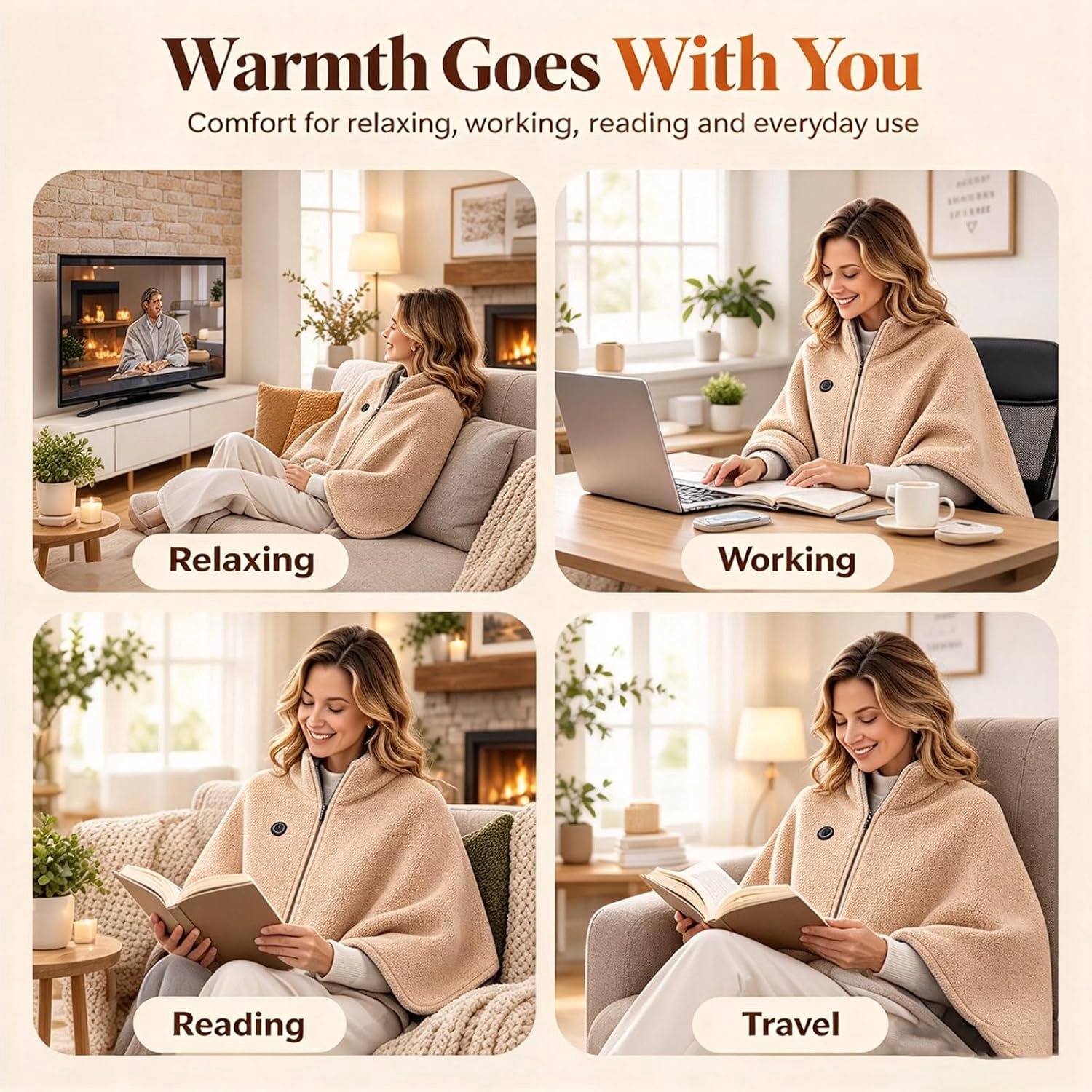 Elektrische deken - Elektrische Cape met Rits - Heated Shawl - Warmtedeken - Warmte Poncho - 3 Standen - snelle warmteafvoer - USB (Excl. Powerbank) - voor kantoor, bank, reizen - 150x80cm - Khaki – foto 2