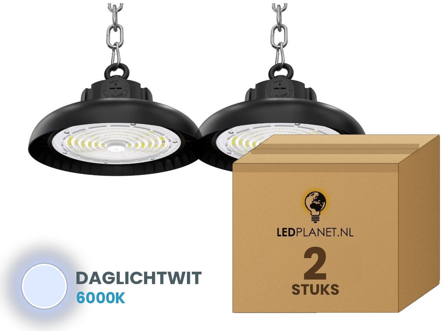 Tsong UFO Lamp - LED High Bay 150W - 27.000 lm - Daglichtwit 6000K - 2 stuks - Instelbaar 90/120/150W - IP65 - Hal, Werkplaats- & Garageverlichting - 5 jaar garantie