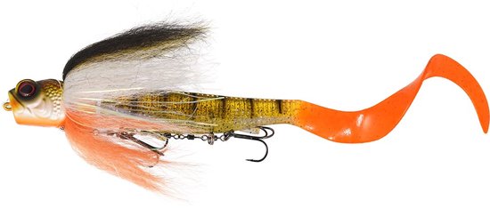Westin Pike Teezer kunstaas, goudkleurig met oranje krulstaart, zwarte en witte veren, en zwarte dreggen.