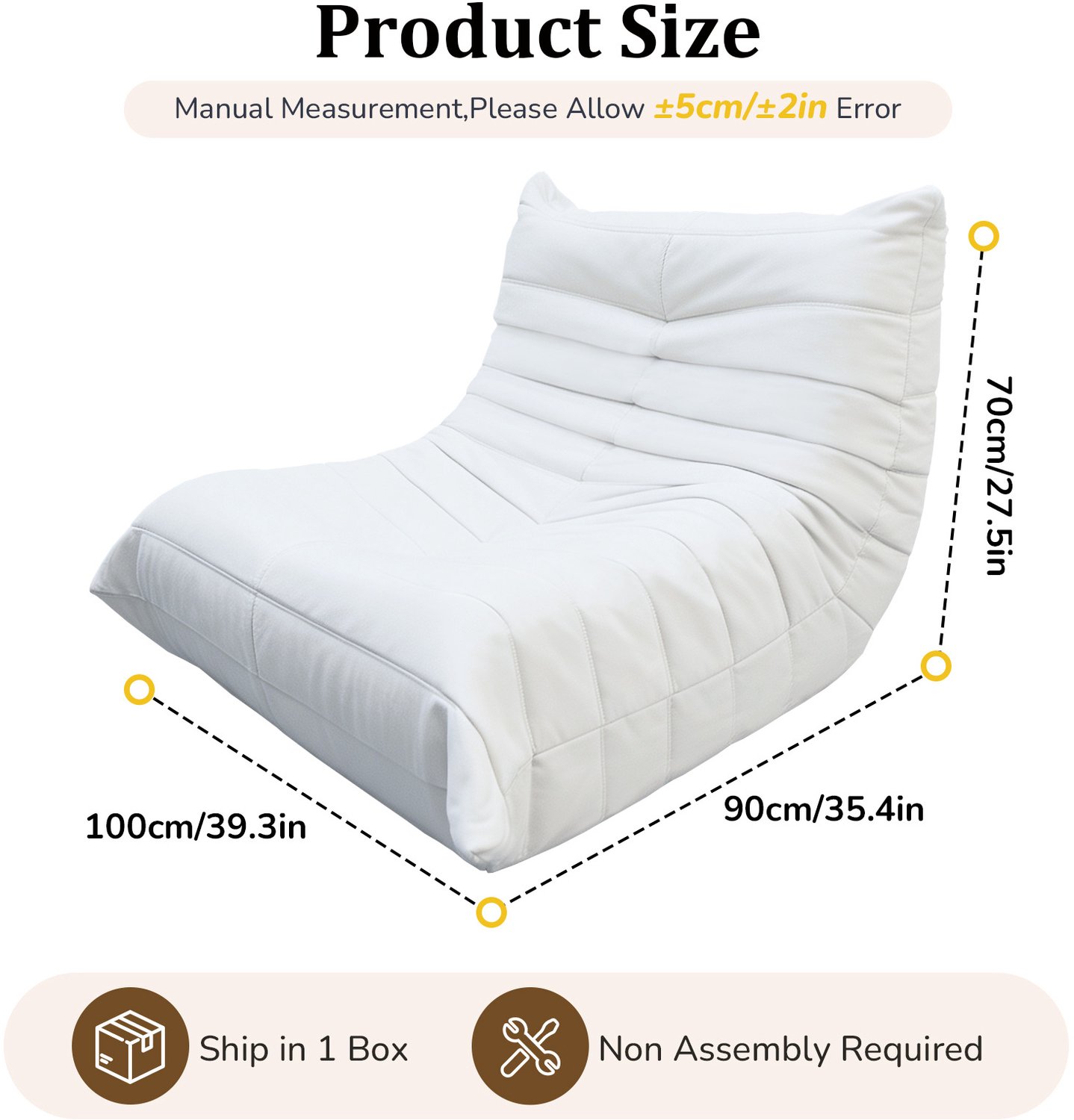 MEUNIQ Zitzakstoel met rugleuning, 100 x 90 x 70 cm, witte flanellen bekleding en schuimvulling, zachte loungestoel voor woonkamer, slaapkamer of studeerkamer