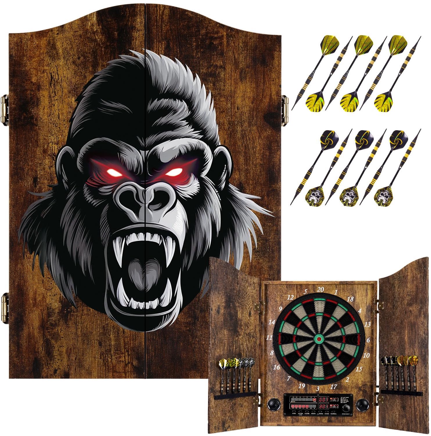 Dartbord Elektronisch - Professionele E-Dartschijf - 12 Brons Soft-Tip Pijlen - Decoratief Houten Kastset - Vintage Design - Geschikt voor Binnen/Buiten