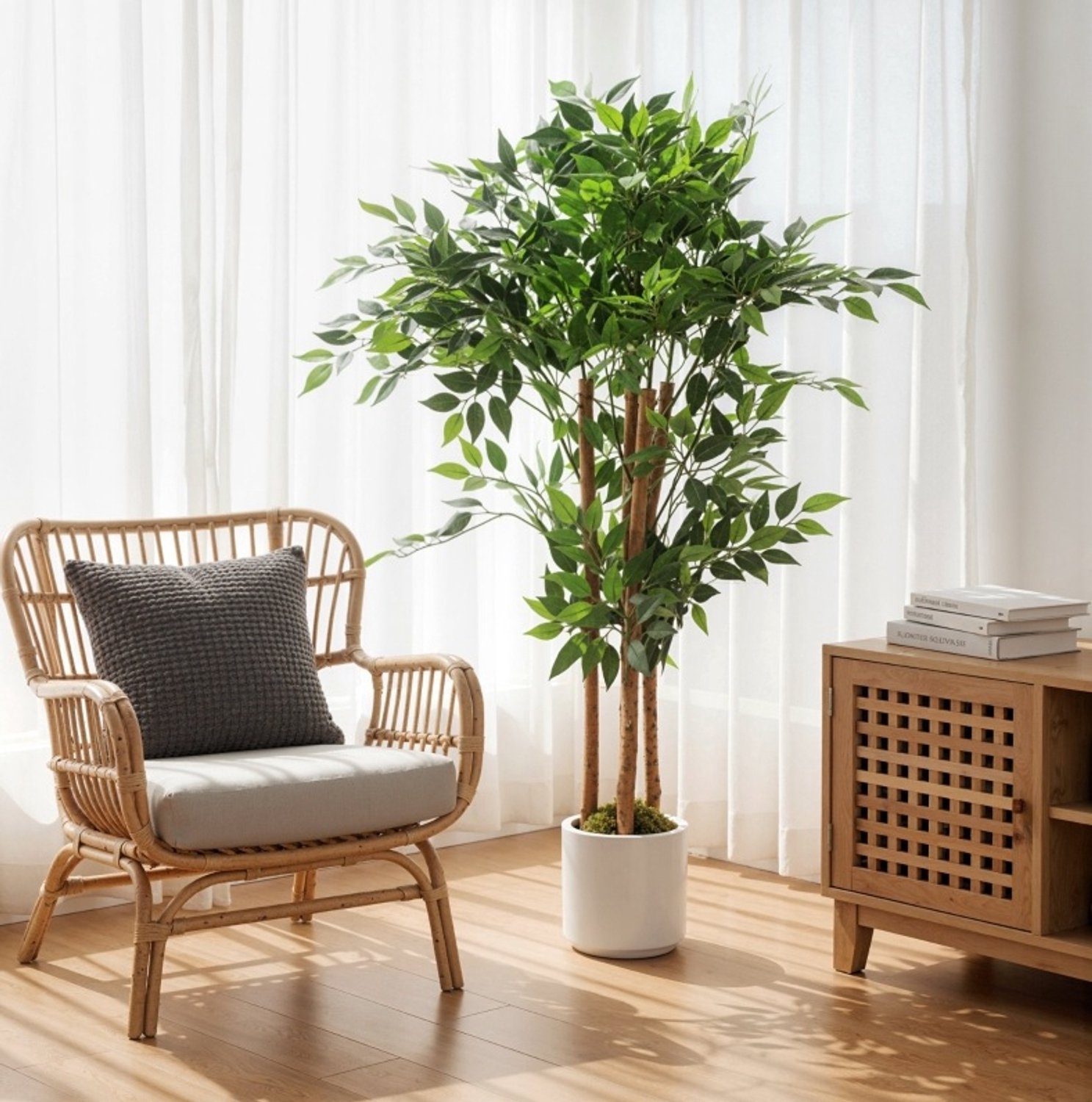 MEUNIQ Kunstplant banyanboom 120 cm, kunstboom met verstelbare bladeren en witte pot, groene decoratie voor woonkamer, slaapkamer of kantoor