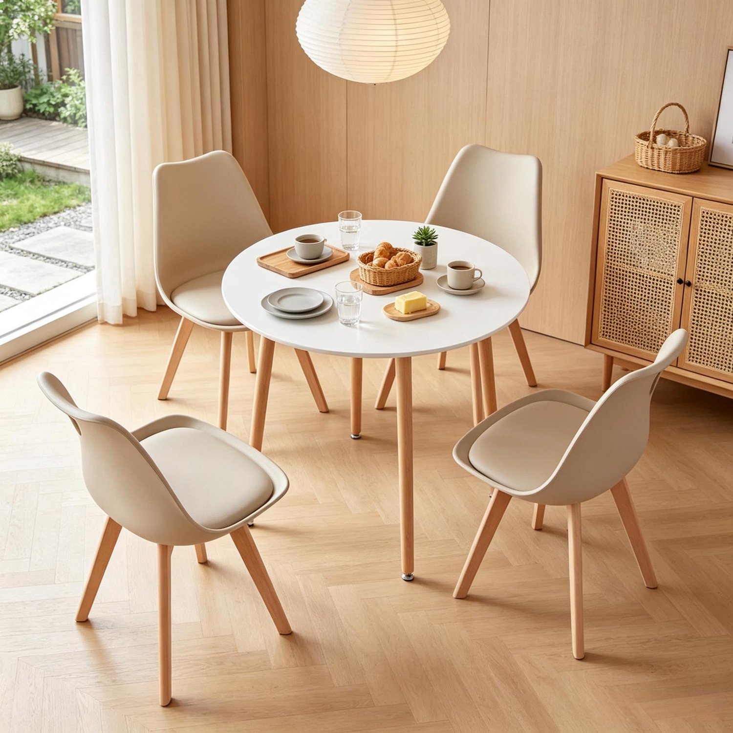 HAUSS SPOLE Eettafelset - Ronde Eettafel met 4 Stoelen - Houten Poten en Vloerbeschermers - Voor Eetkamer en Keuken - Hout en Kunststof - Wit en Kaki