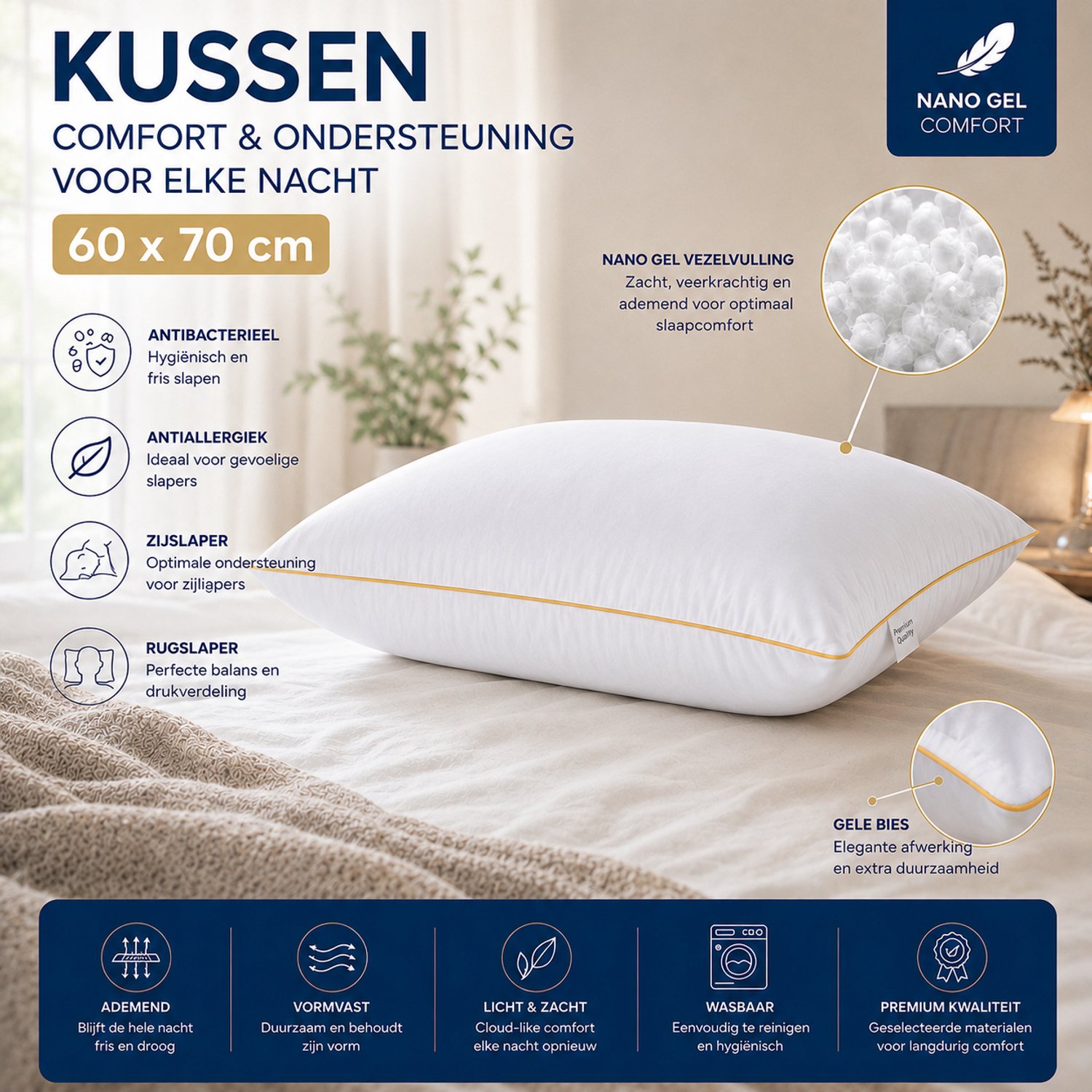 FABRIC BOX Premium Nano Gel Hoofdkussen 60x70 cm - 1200 g - Zacht & Ademend Wit 2