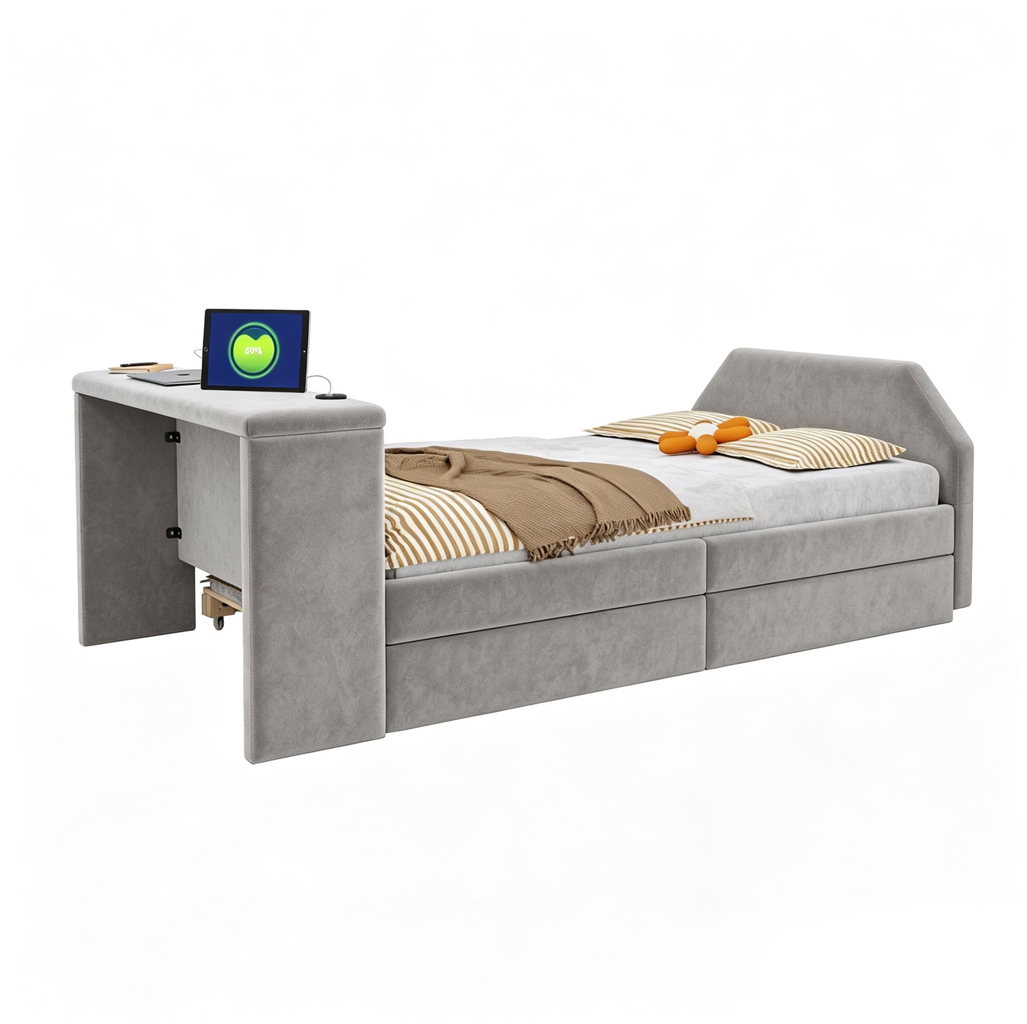 REDOM Gestoffeerd kinderbed 90x200 cm - Met bureau, USB en uitschuifbaar logeerbed - Grijs
