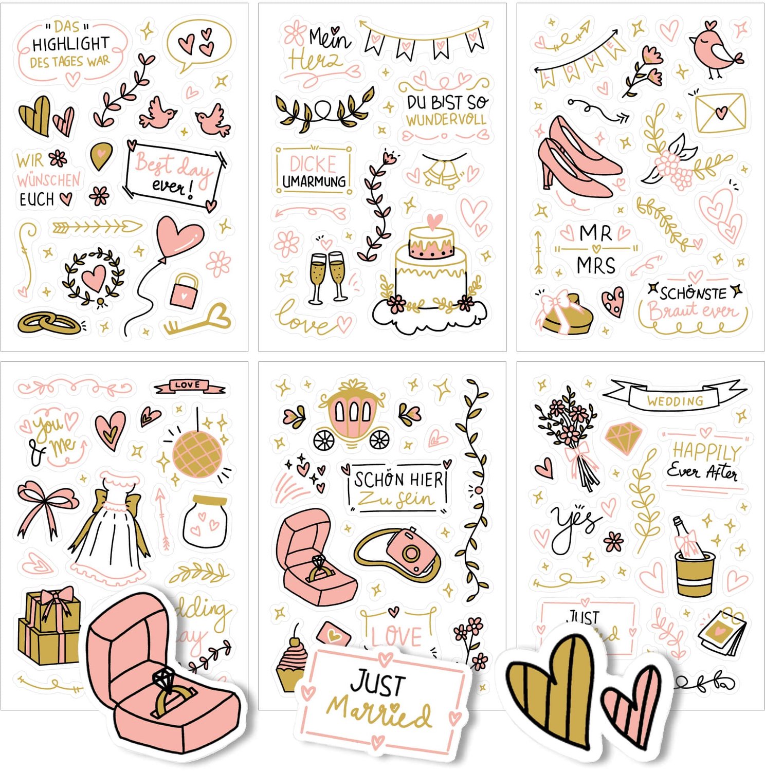 Sticker Set voor Bruiloft - 6 Bladen met Mooie Motieven