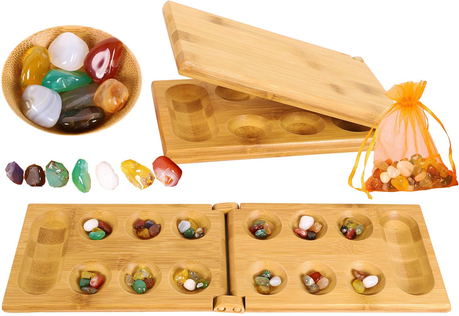 Mancala Kalaha Bordspel met Opvouwbaar Houten Bord en Natuurstenen