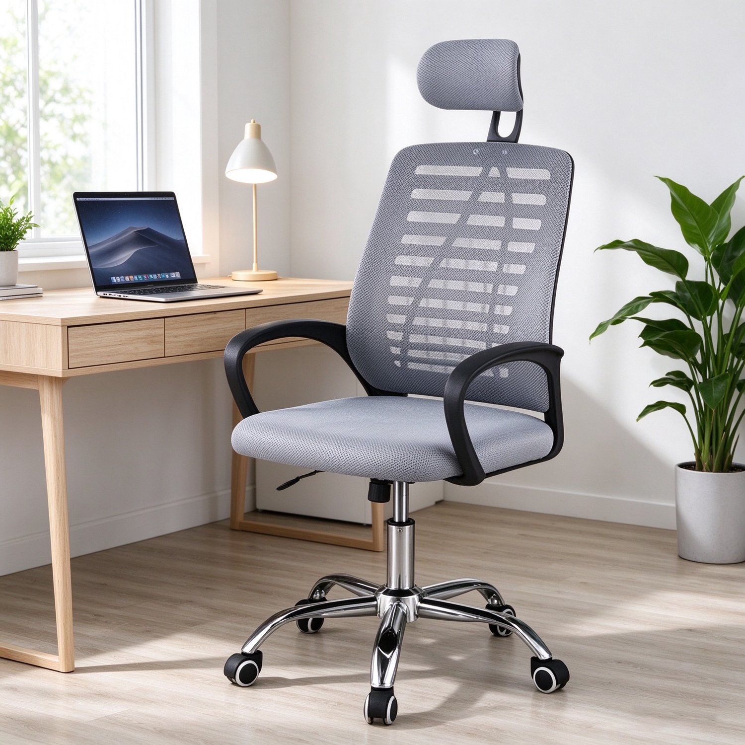 learnlogic Ergonomische bureaustoel grijs in hoogte verstelbaar zwenkwielen afmetingen 47x47x116 cm voor langdurig zitten