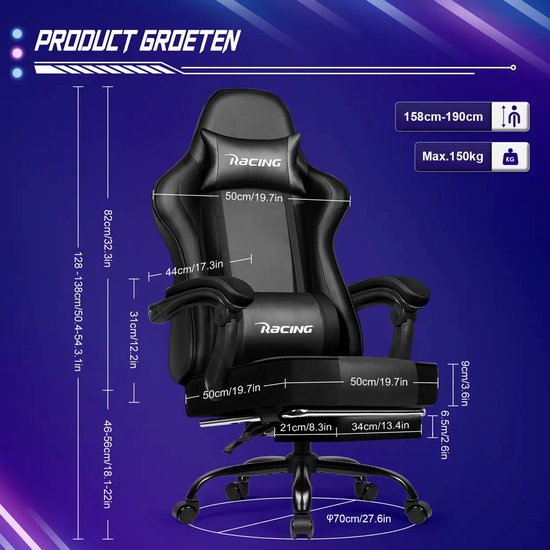 GTIMEX Gamingstoel Ergonomische bureaustoel met uitschuifbare voetensteun Gamingstoel met hoofdsteun en lendensteun Beklede gamingfauteuil 150 kg In hoogte verstelbare gamingstoel — afbeelding 2