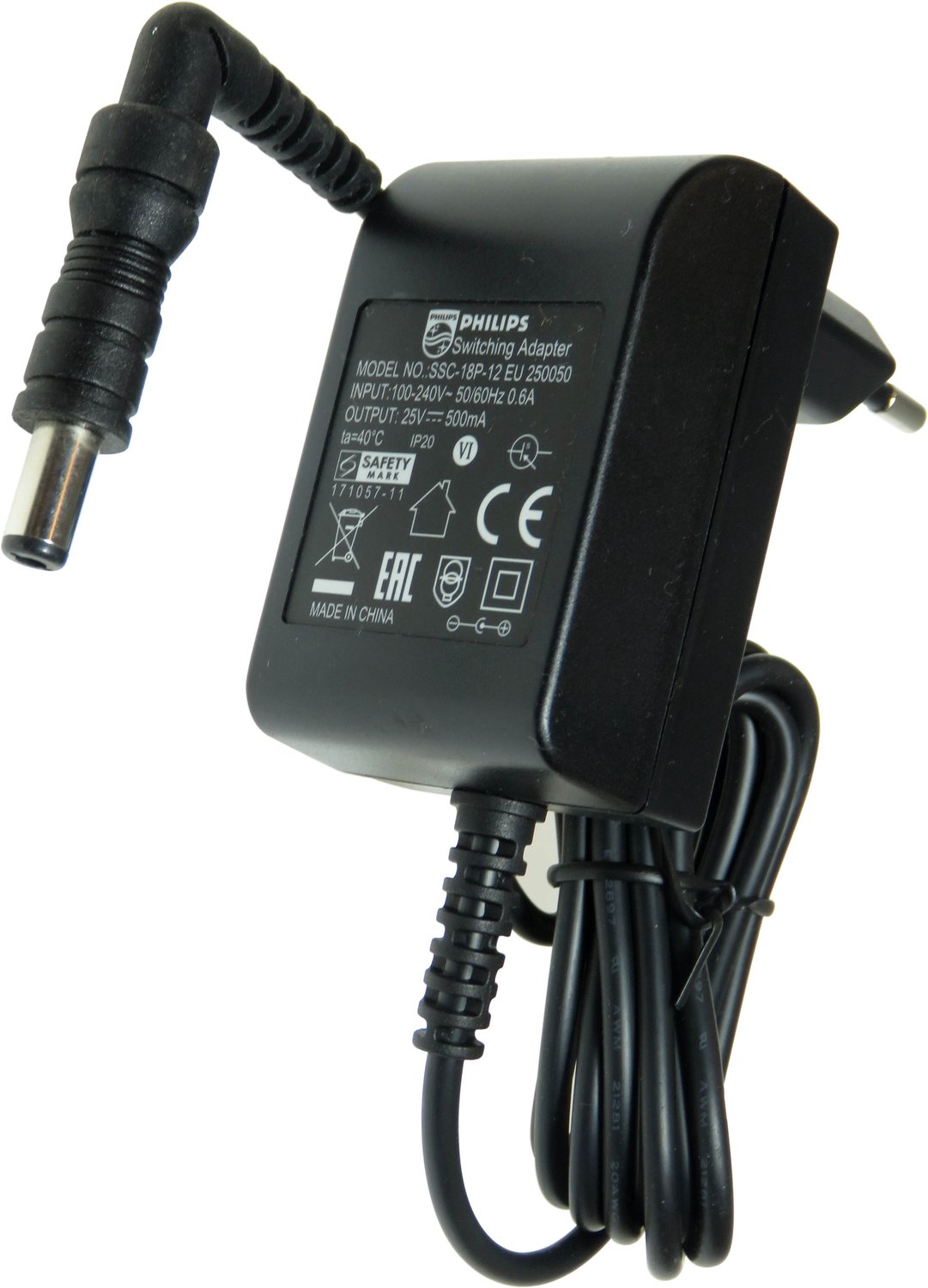 Philips 25V voedingsadapter voor PowerPro steelstofzuiger - 0,5A 12,5W - met 6,5 x 3,0mm voedingsstekker - netadapter - oplader - laadsnoer - nr. 432200626611 - 432200626621