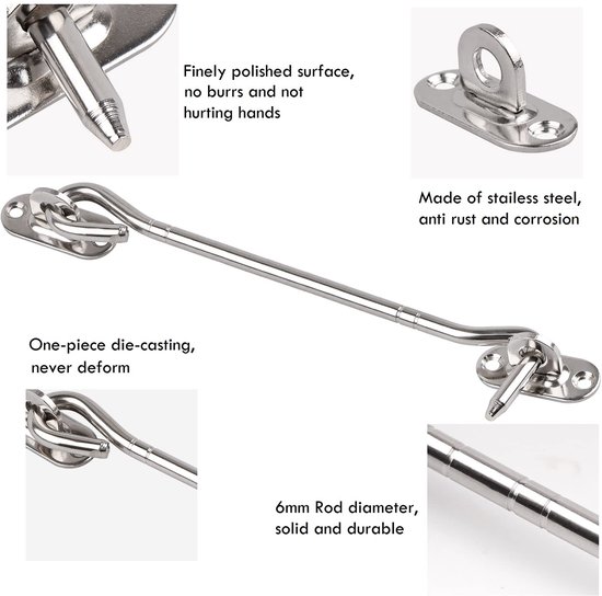 Set van 2 RVS Cabin Hooks 8 inch voor Deuren en Vensters — afbeelding 2