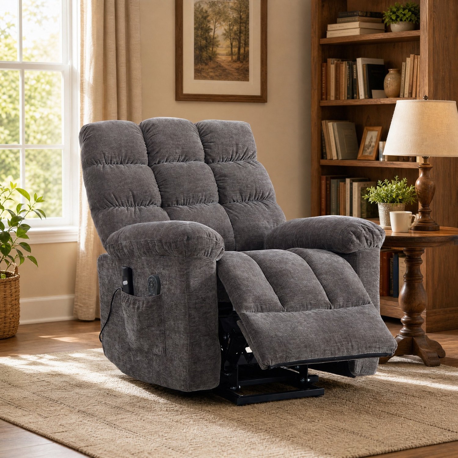 MEUNIQ Elektrische relaxfauteuil met sta-op functie, vibratiemassage en warmtefunctie, verstelbare rugleuning en voetensteun, chenille, grijs