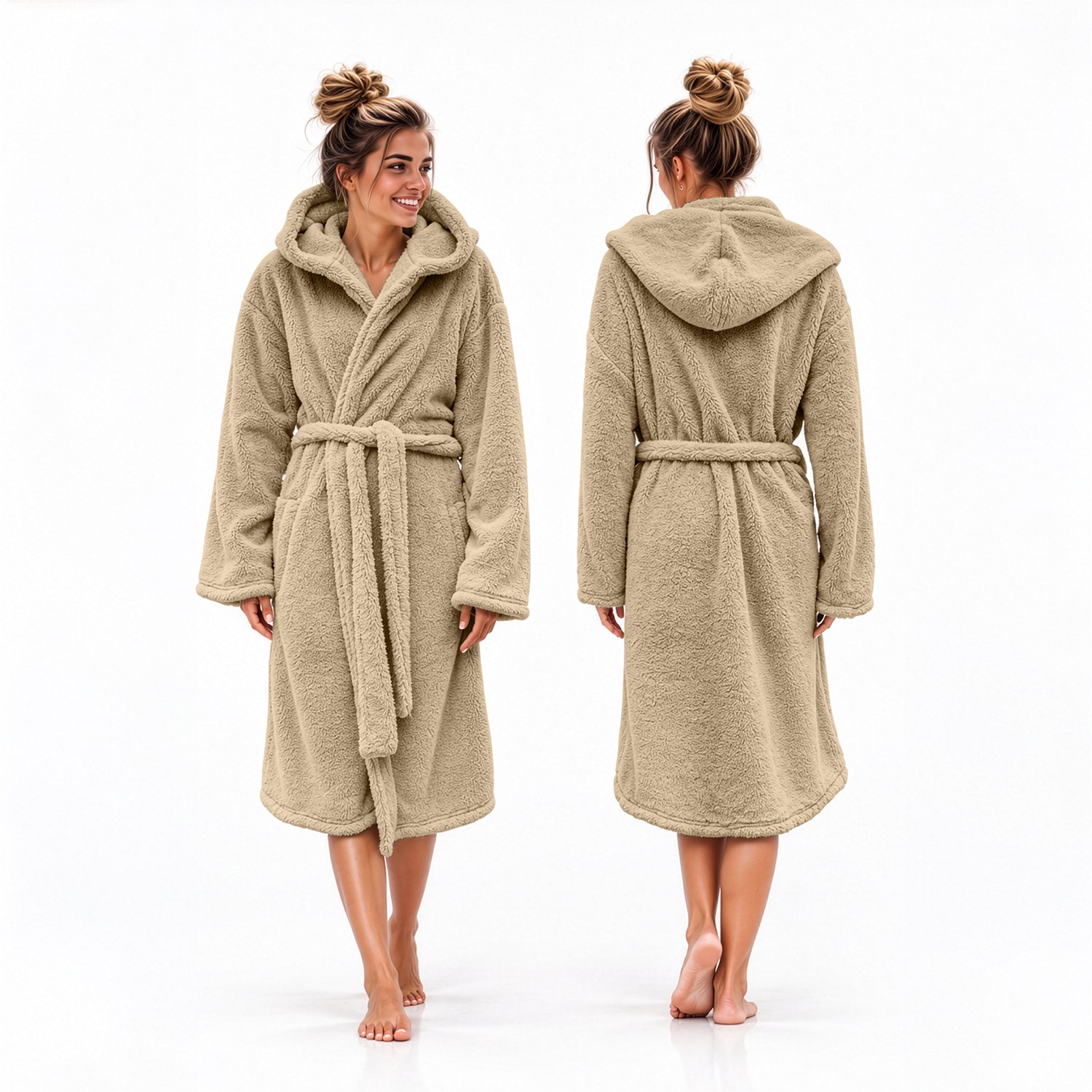 LINNICK Teddy Fleece Badjas met Capuchon inclusief Teddy Tas - Shady Sand - M - Badjas Dames - Badjas Heren zand