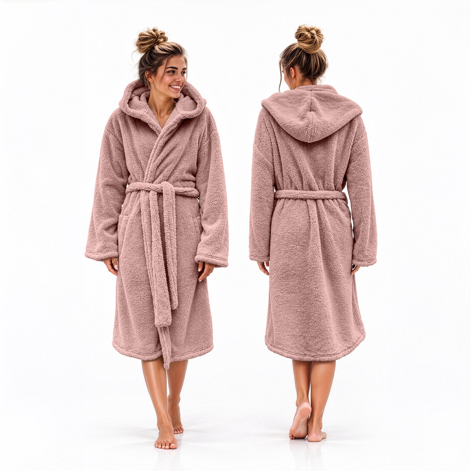 LINNICK Teddy Fleece Badjas met Capuchon inclusief Teddy Tas - Light Pink - S - Badjas Dames - Badjas Heren Licht Roze