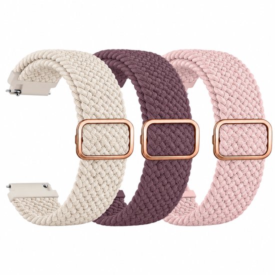 Drie geweven nylon horlogebandjes in crème, paars en roze met verstelbare metalen gespen.