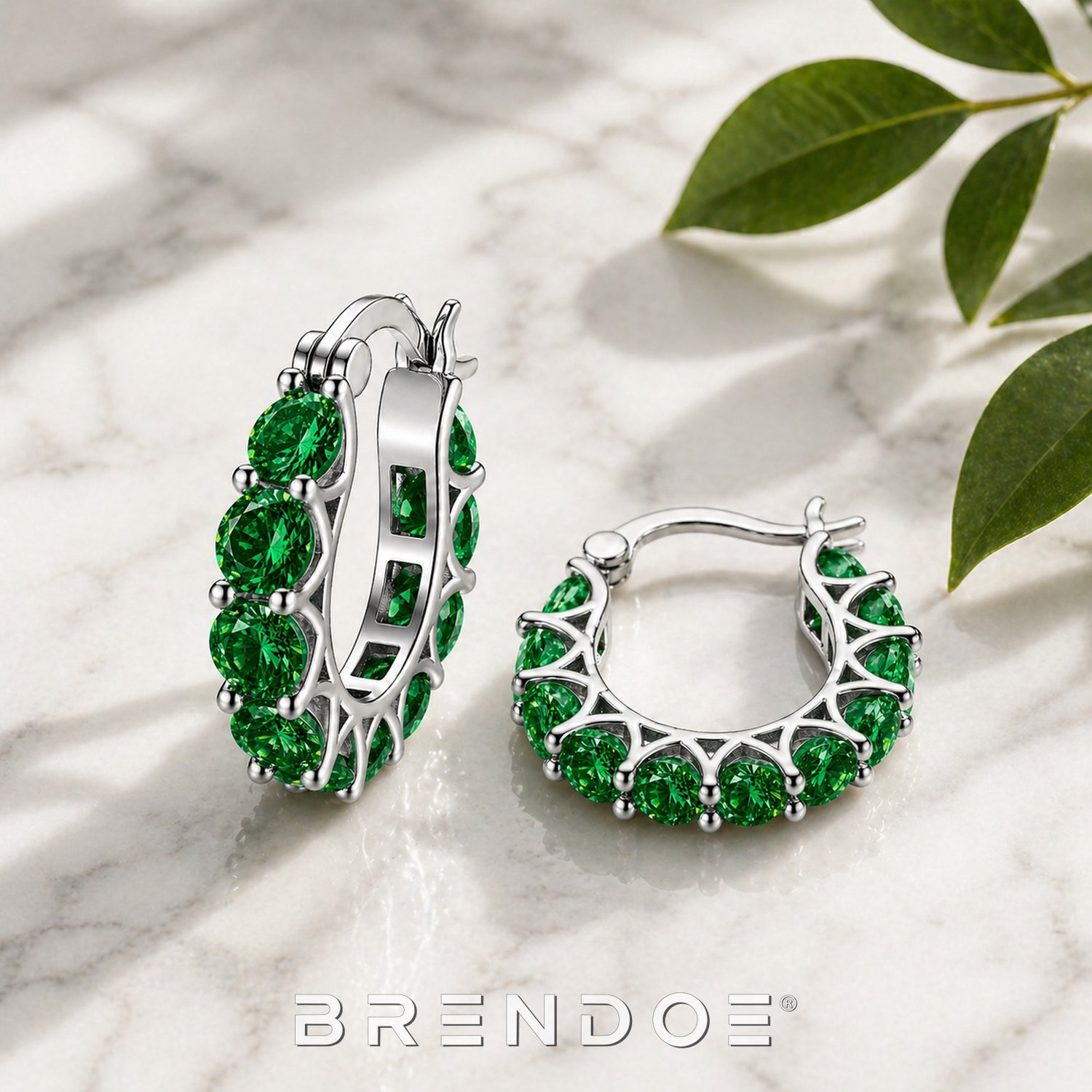 Brendoe Zilverkleurige Oorringen Dames – Groene Synthetische Stenen – Elegante Statement Oorbellen – 2 cm