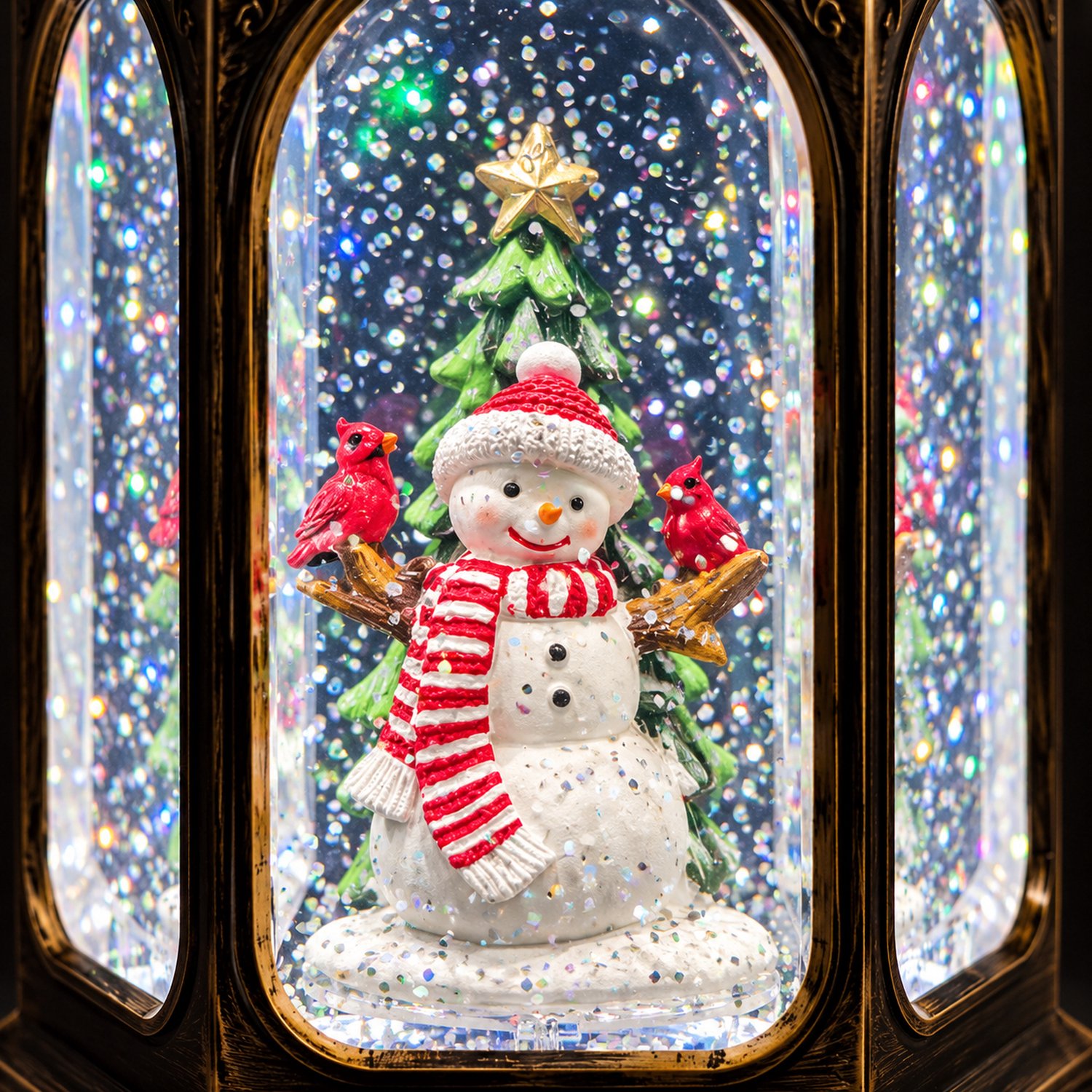 EasyMart Kerstlantaarn - Sneeuwbol met Muziek en LED Verlichting - Waterlantaarn met Bewegende Glitter - 27 cm - Sneeuwpop - Kerstdecoratie Binnen - Sneeuweffect - Zeshoekig - USB Kabel Inbegrepen - Op 3 AA Batterijen - Bronskleurig – foto 7