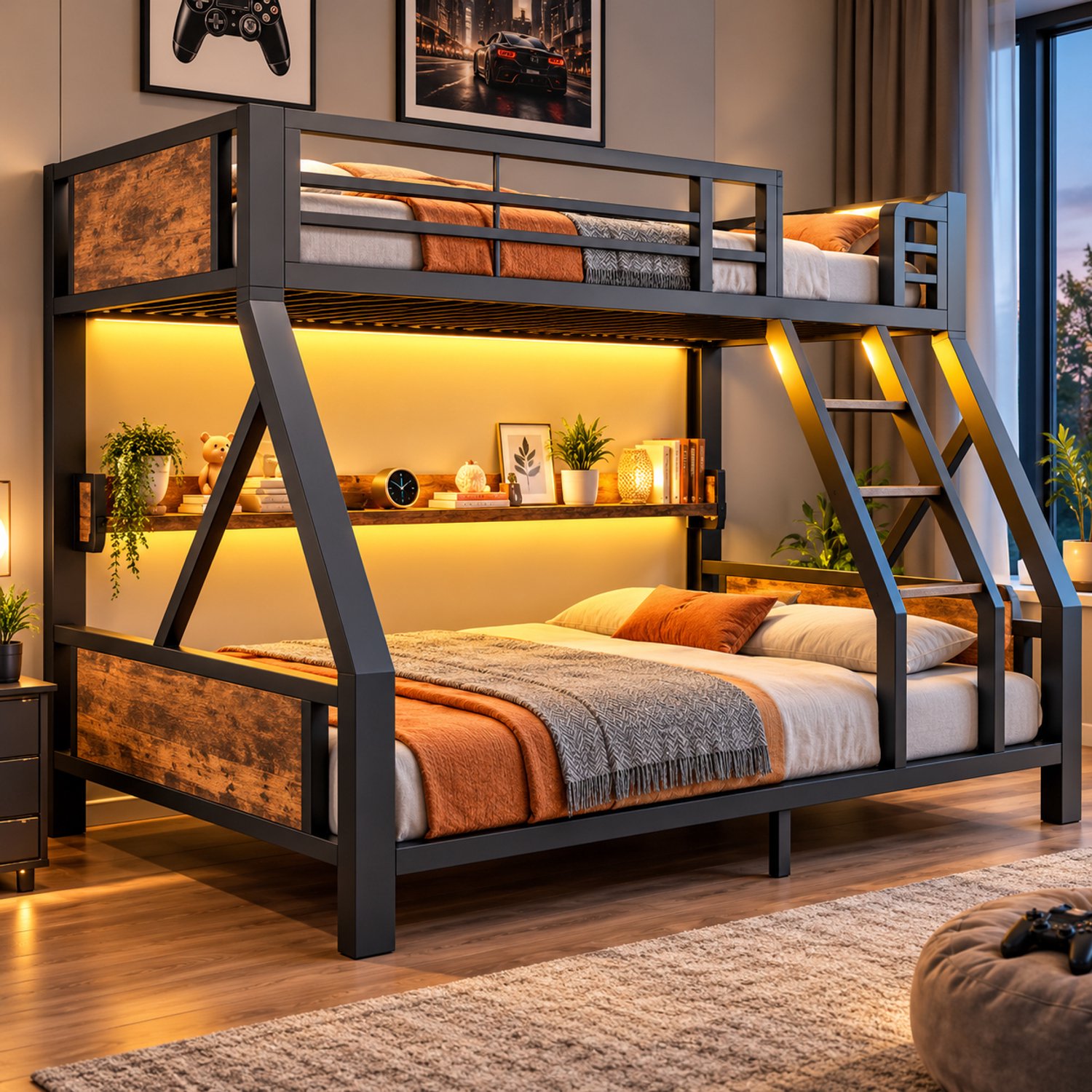 Parasha Nova Bed - 90x200cm & 140x200cm metalen stapelbed, enkel bed boven, dubbel bed onder, frame van ijzer en hout met opbergvak, zwarte ruimtebesparende meubels voor kinderkamers en jeugdkamers, stapelbedframe voor de slaapkamer. Bruin