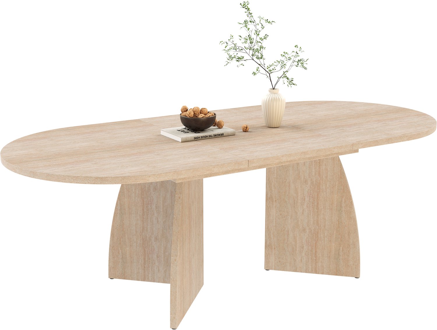REDOM Uitschuifbare eettafel 150 tot 200 x 90 cm - Afgeronde hoeken en travertinlook - MDF Travertine