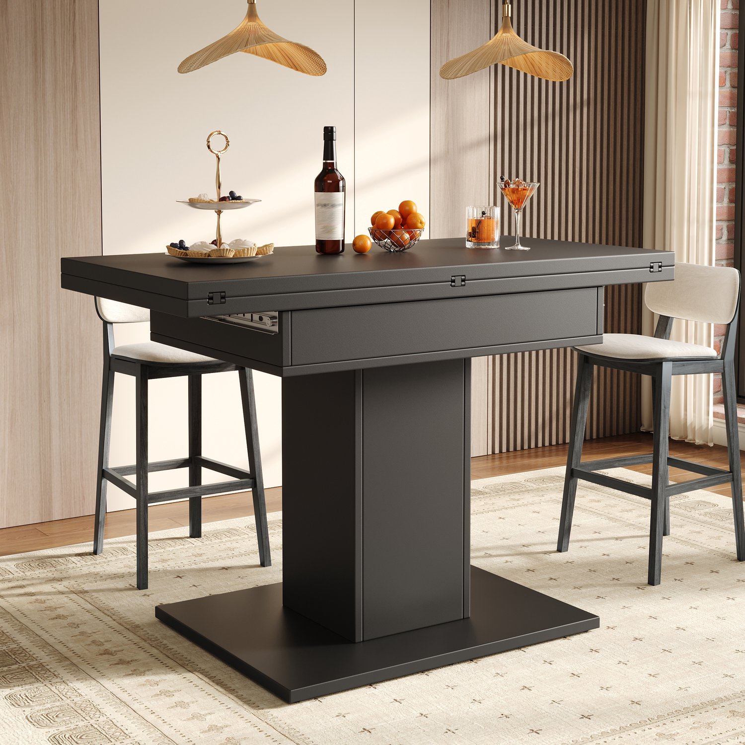 Wishdor Uitschuifbare eettafel met opklapbaar blad - Verborgen opbergruimte en vergrendeling - Vierkant tafelblad met kolomvoet - Modern en minimalistisch - Voor keuken eetkamer en open woonruimte - MDF - Zwart - 60-120 x 120 x 75,1 cm