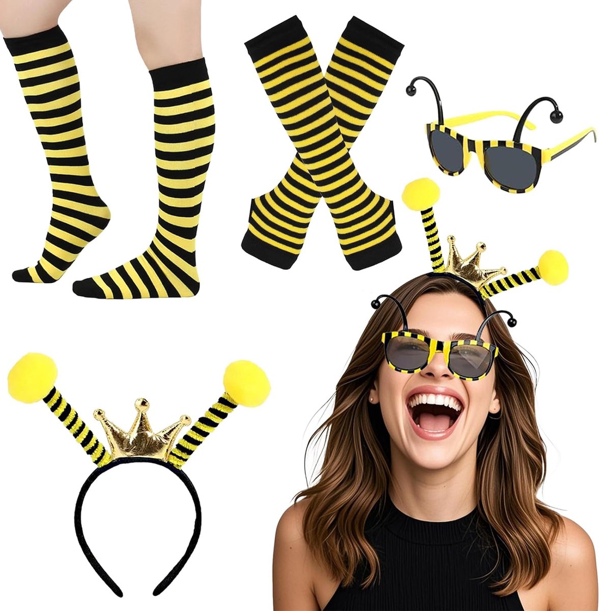 4 stuks bijenkostuumset voor volwassenen, bijenantenne hoofdband met bijenzonnebril zwart geel gestreepte kniekous en lange handschoenen voor Halloween honingbij feest cosplay